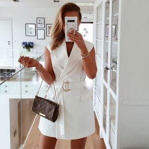 Zara White Sleeveless Blazer Mini Dress Belted Size M